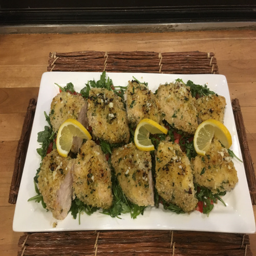 Panko-crusted Lemon Chicken Served over Arugula and Tomato Salad